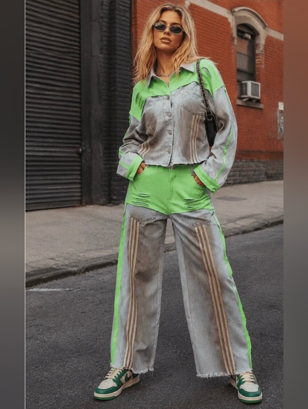 Neon Green &  Denim Washed Gray Two-ToneJacket & Wide Leg Pant Set